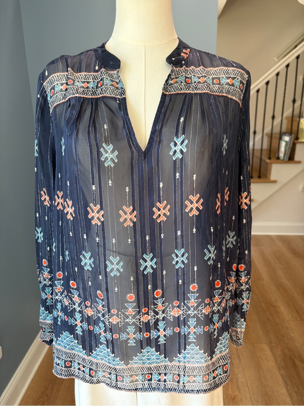 Joie Navy Silk Metallic Stripe Embroidered Boho Blouse Tunic XS